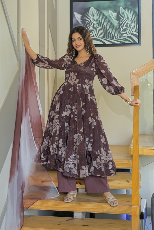 Vedanshi brown organza suit set