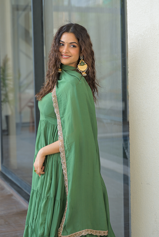 Saanjh Green Muslin Maxi Set