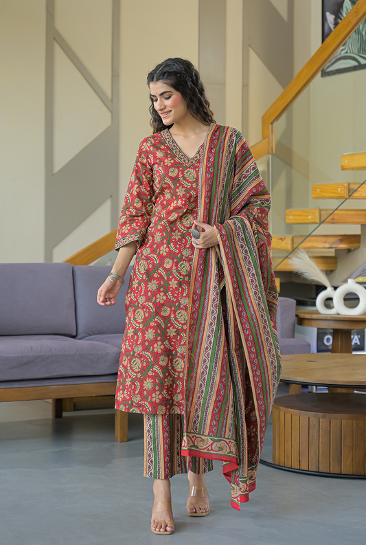 Aarohi Red Cotton Kurta Set