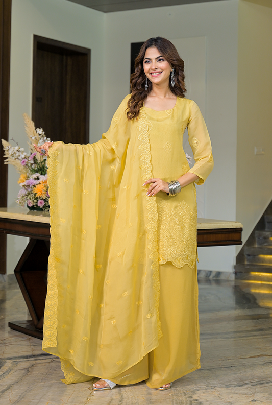 Sachi Yellow Organza Suit Set