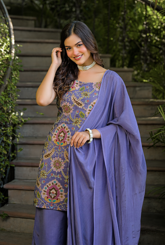 Reverie Plum Embroidered Crepe Set