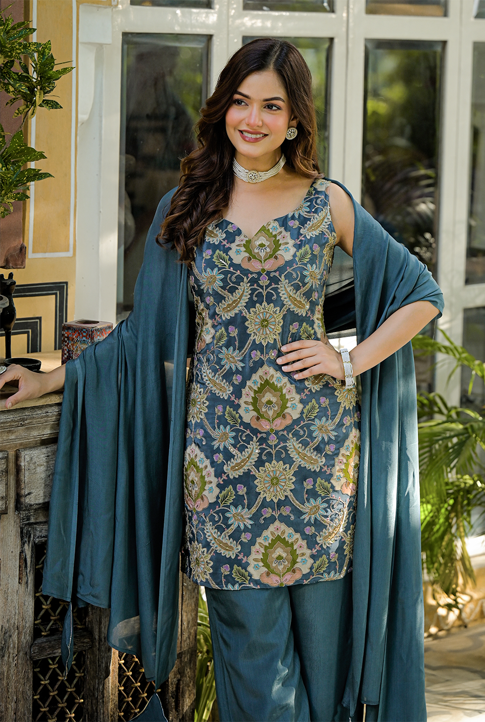 Velour Blush Embroidered Crepe Set