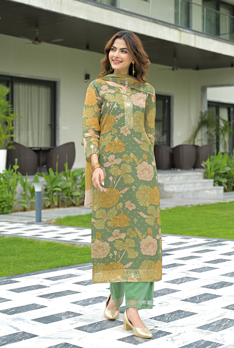 Dhwani Green Organza Suit Set