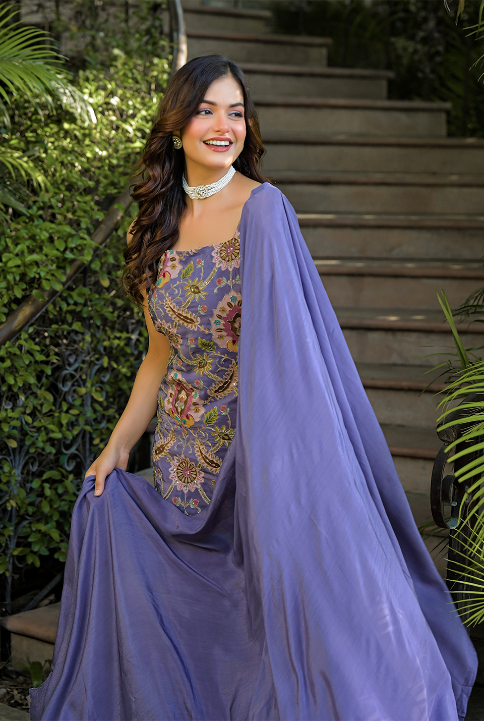 Reverie Plum Embroidered Crepe Set