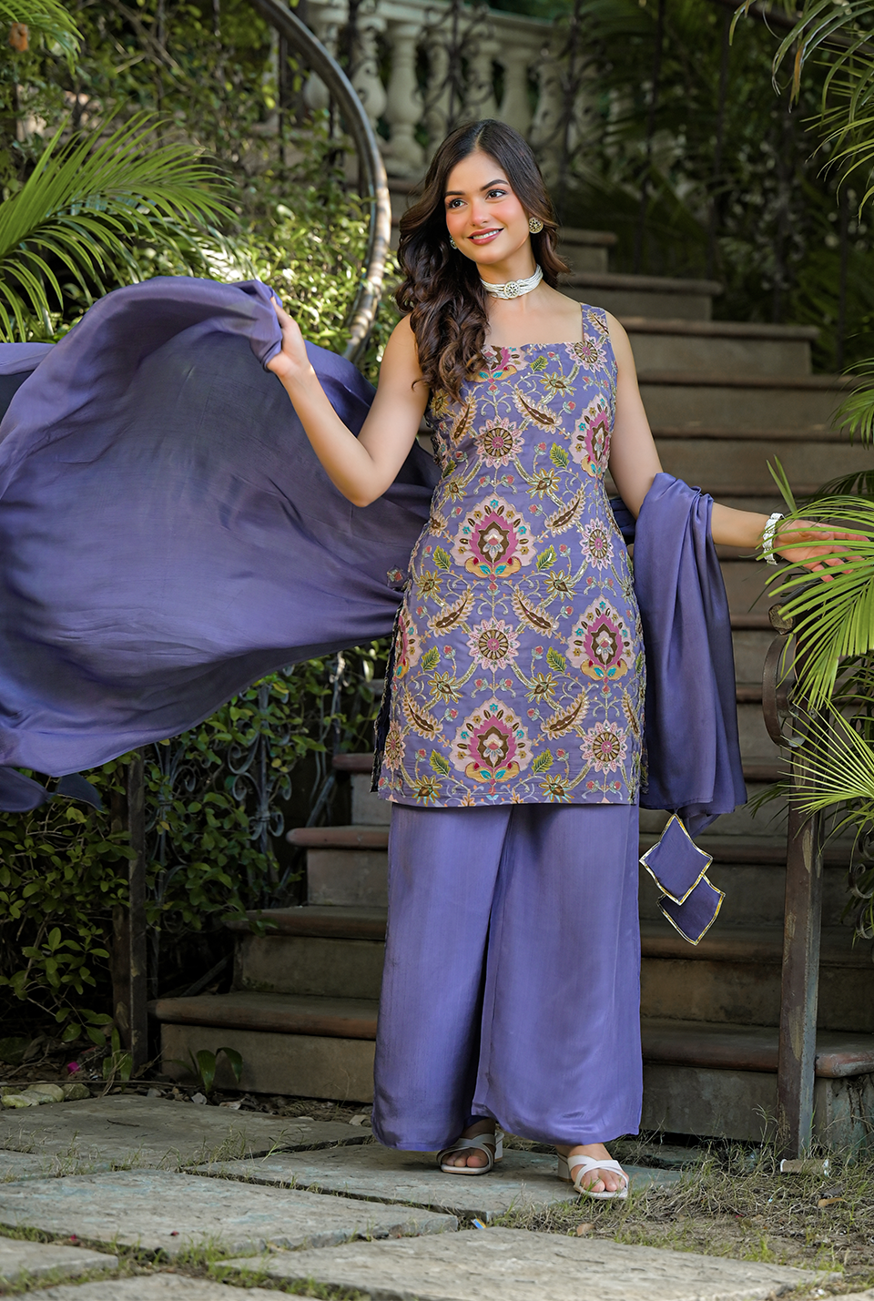 Reverie Plum Embroidered Crepe Set