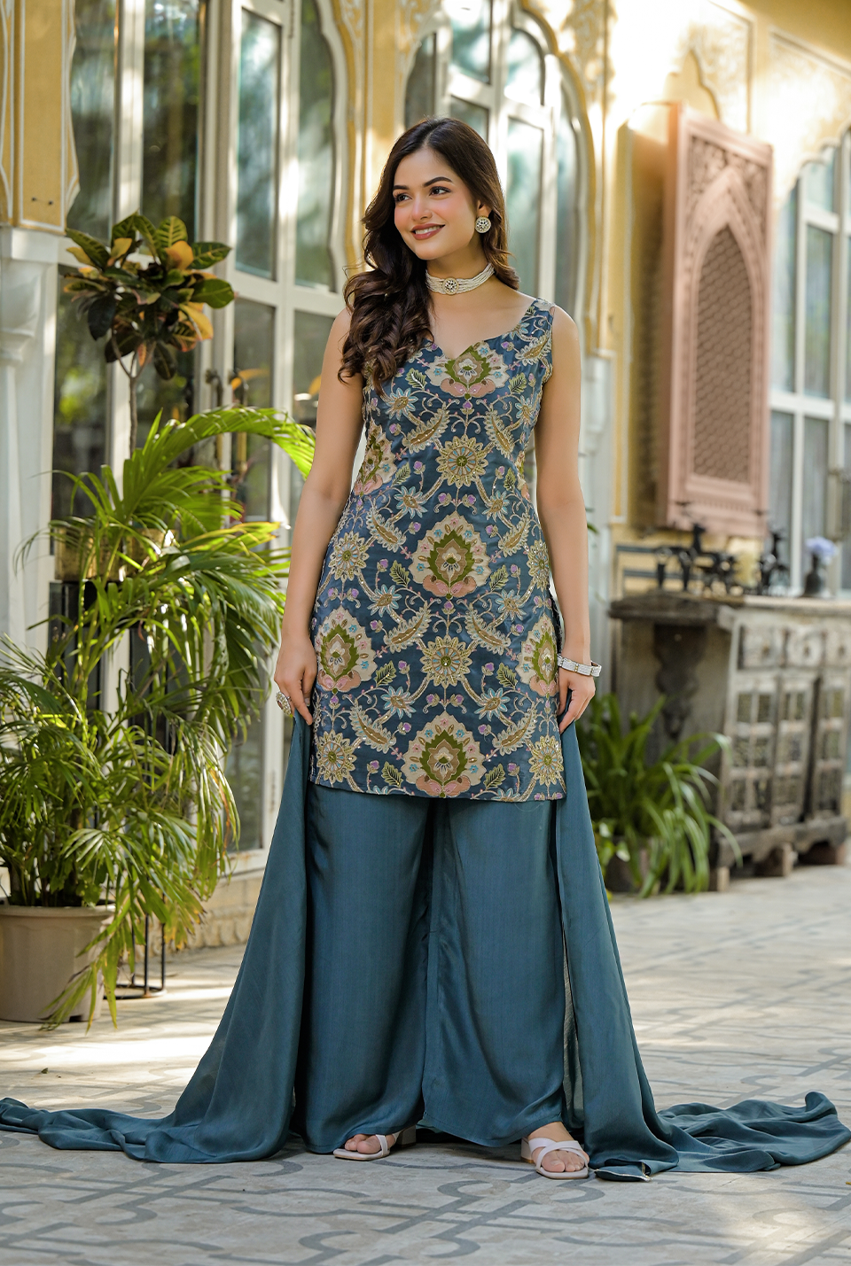 Velour Blush Embroidered Crepe Set