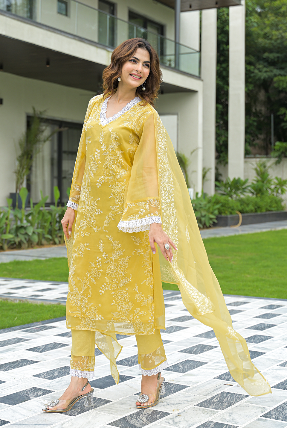 Ziva Chiffon Yellow Suit set