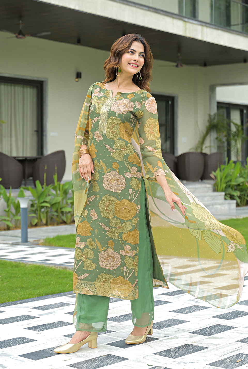 Dhwani Green Organza Suit Set
