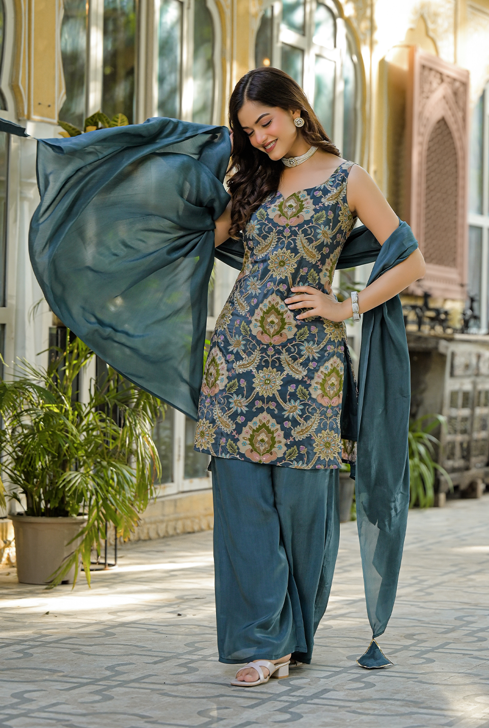 Velour Blush Embroidered Crepe Set