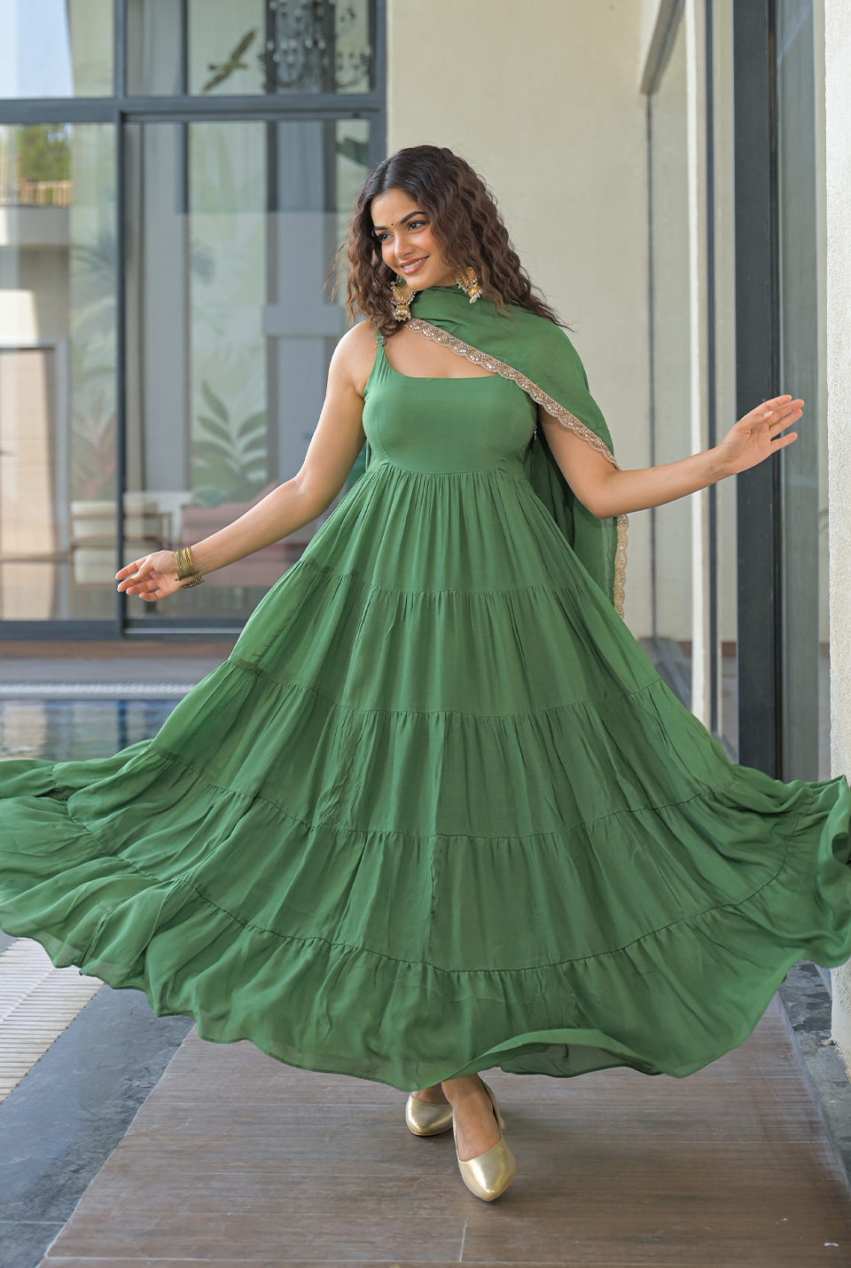 Saanjh Green Muslin Maxi Set