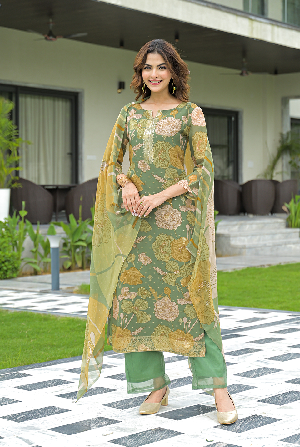 Dhwani Green Organza Suit Set