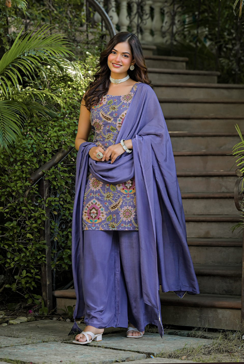 Reverie Plum Embroidered Crepe Set