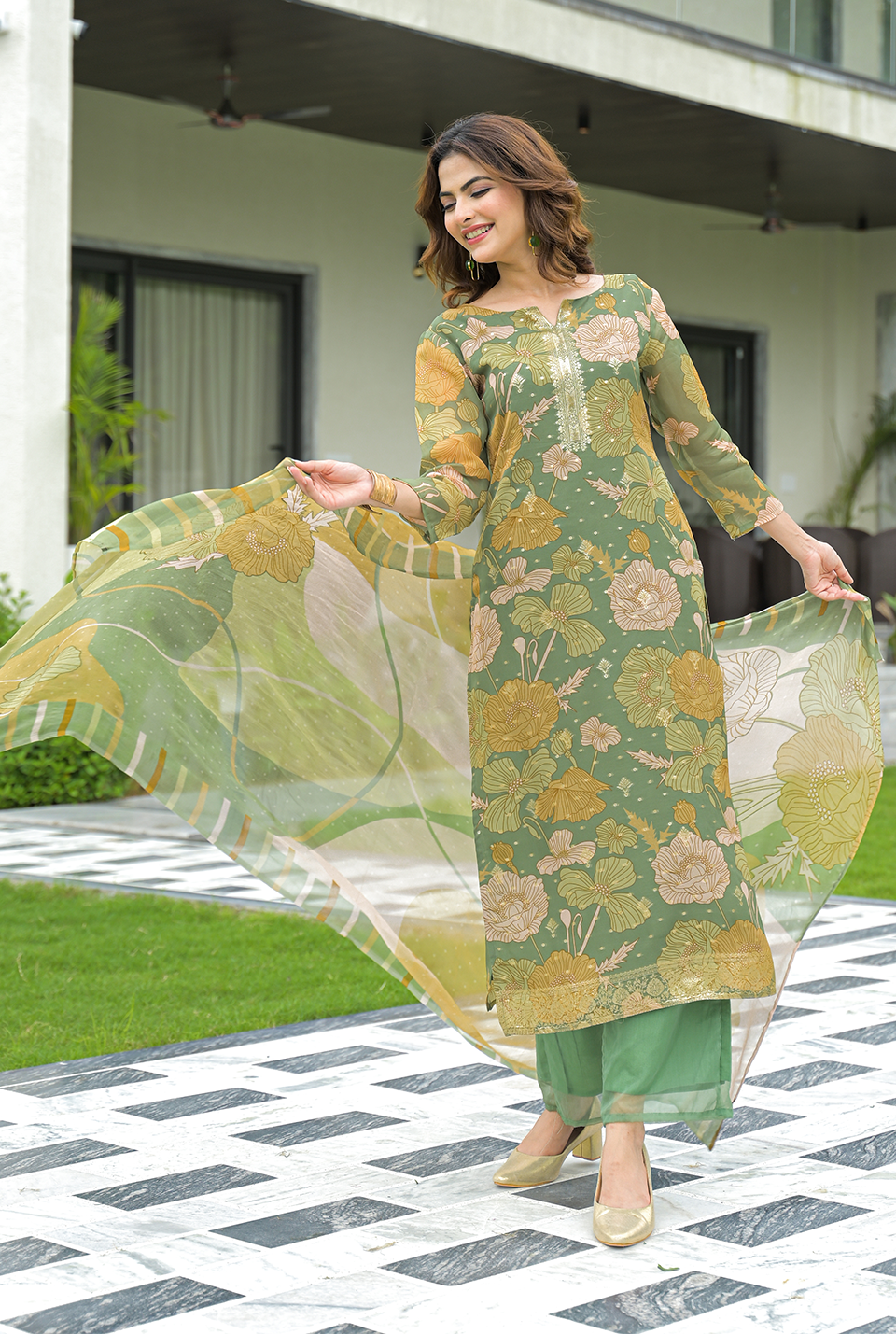 Dhwani Green Organza Suit Set
