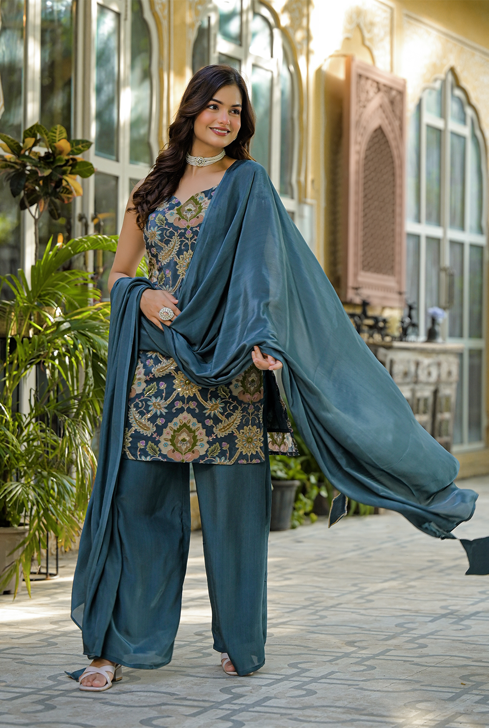 Velour Blush Embroidered Crepe Set