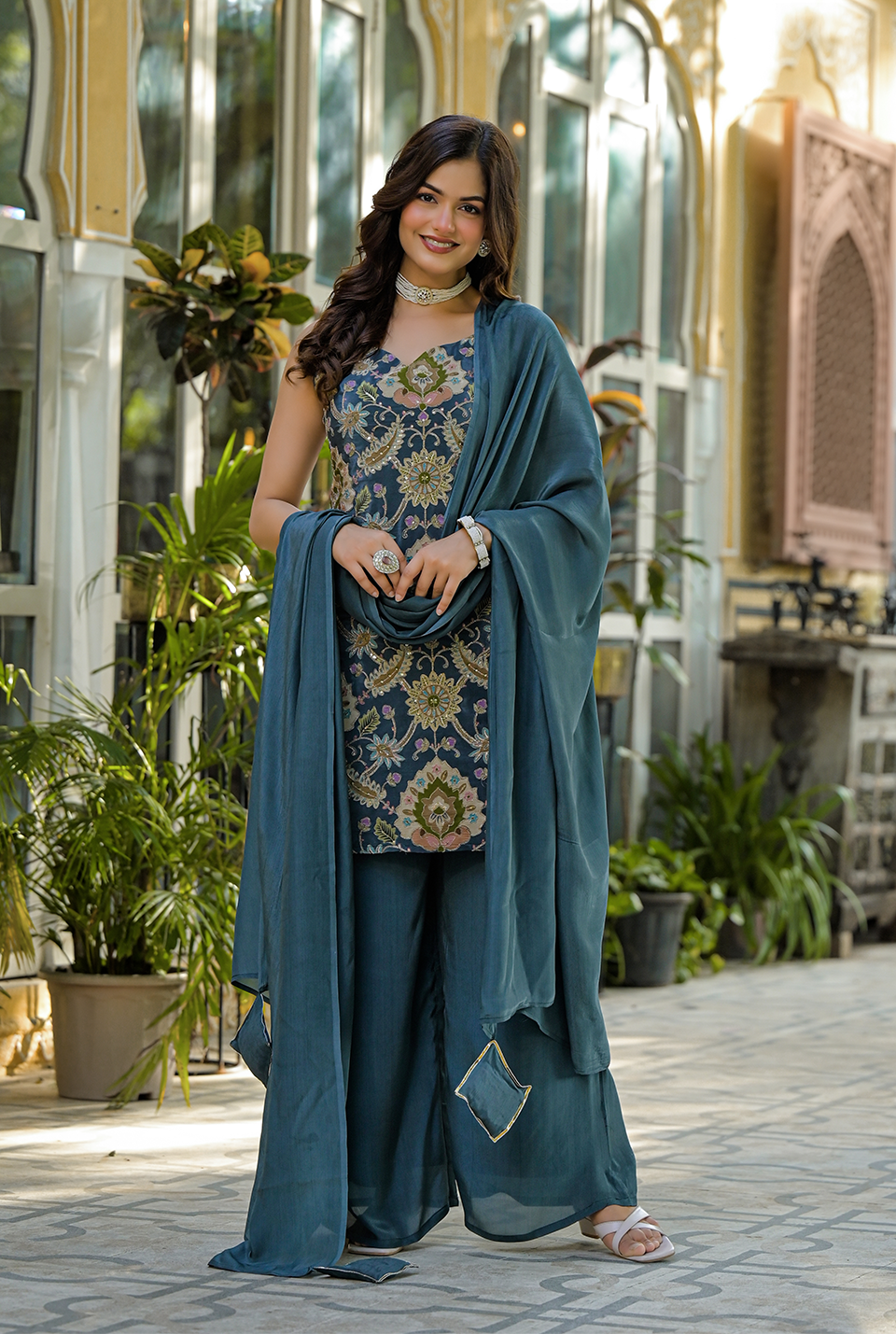 Velour Blush Embroidered Crepe Set