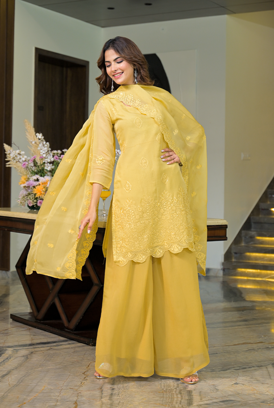 Sachi Yellow Organza Suit Set
