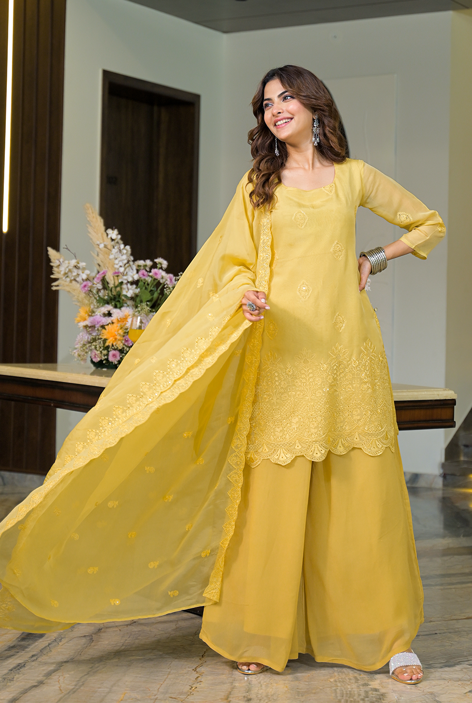 Sachi Yellow Organza Suit Set